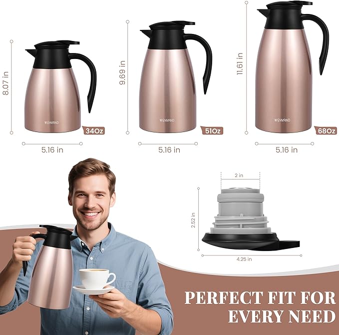 51 Oz Thermal Coffee Carafe, Stainless Steel Insulated Vacuum coffee crafts to keep coffee hot, 1.5 Liter Tea Water Coffee and Beverage Dispenser (Copper)