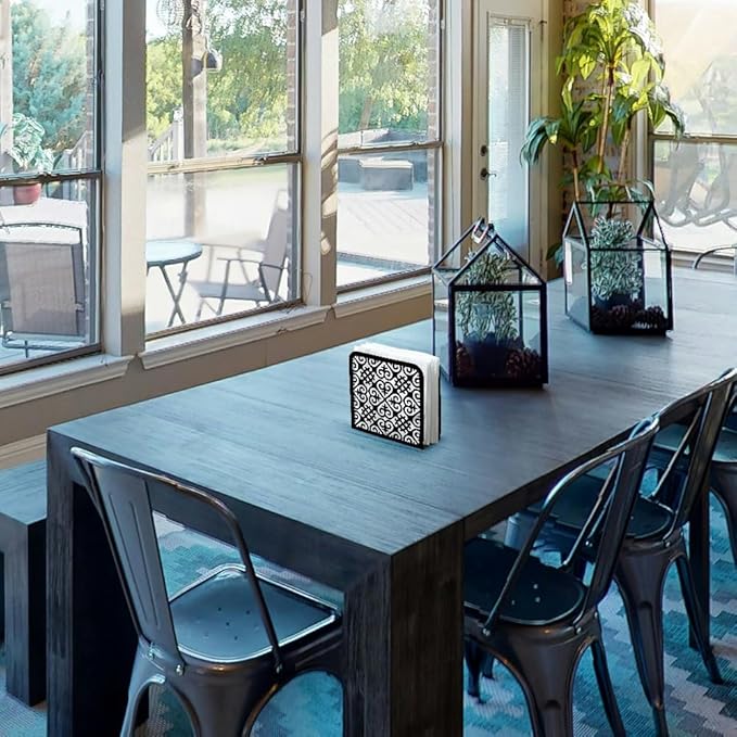 Retro Pattern Decorative Black Metal Napkin Holder for Table, 4.9" x 4.9" x 1.9" Standing Napkin Holder for Home Kitchen Restaurant Picnic Party Coffee Bar Dining Room