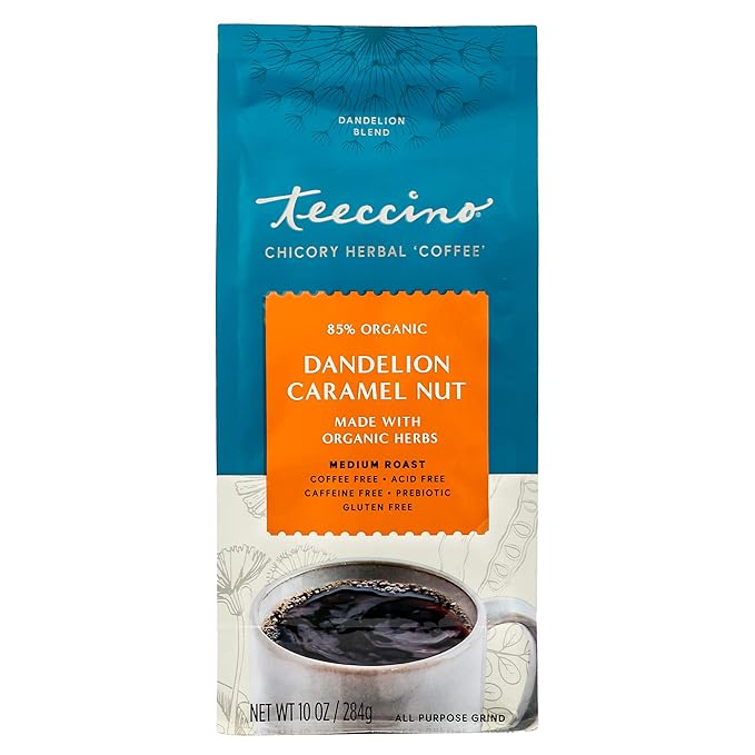 Teeccino Dandelion Caramel Nut Herbal Coffee - Caffeine-Free Coffee Alternative with Prebiotics, Gluten Free, Acid Free - Medium Roast, 10 oz (Pack of 3)