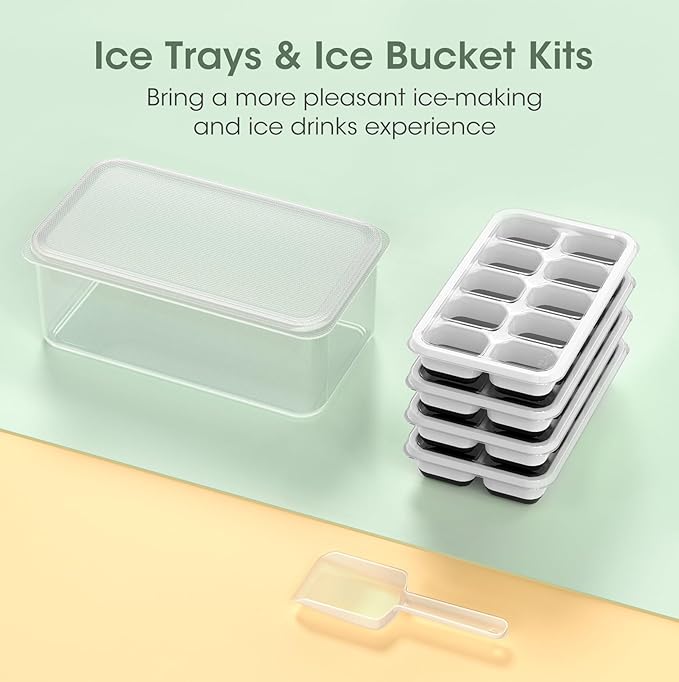 DOQAUS Ice Cube Tray with Lid and Bin - 4 Pack Silicone Ice Cube Trays for Freezer, Stackable Ice Bucket Kits with Storage Container & Scoop for Kitchen, RV, Cocktail, Coffee
