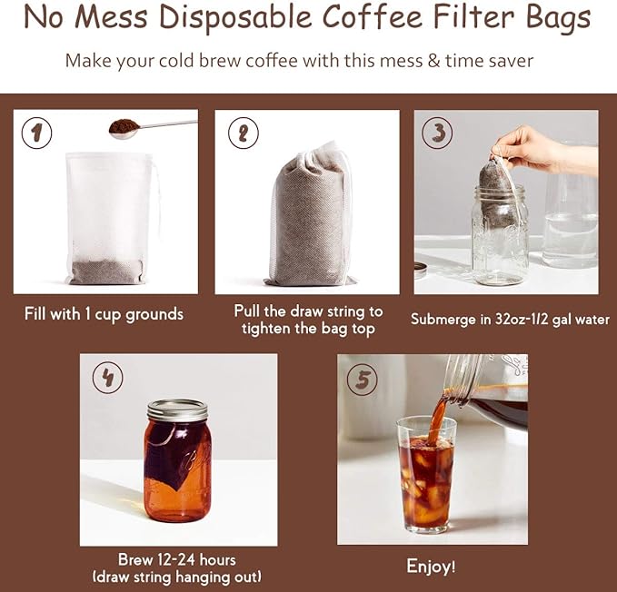 No Mess Cold Brew Coffee Filters - 100 Count Disposable Fine Mesh Brewing Bags for Concentrate/Iced Coffee Maker, French/Cold Press Kit, Hot Tea in Mason Jar or Pitcher, 4 x 6 Inches