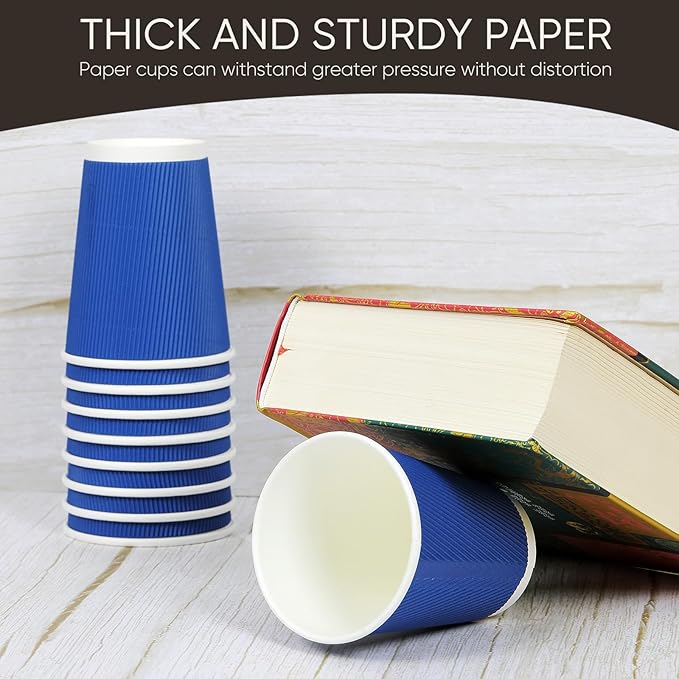 100 Pack 12 oz Disposable Coffee Cups with Lids and Straws, Insulated Ripple Wall To Go Paper Corrugated Cups, Bulk for Hot/Cold Drinks, Cafe Bar, Office, Chocolate, Cocoa (Navy)