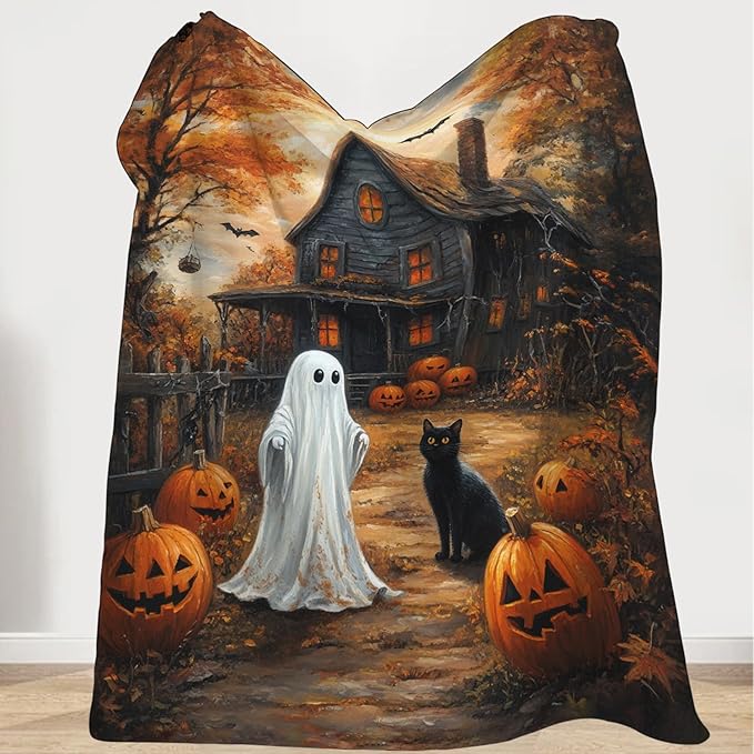 Halloween Blanket, Ghost Black Cat Fleece Flannel Throw Blanket, Pumpkin Soft Lightweight Stuff Throws Gifts for Women Men Boys Girls Lovers Adults Lovers Sofa Decor 80"x60"