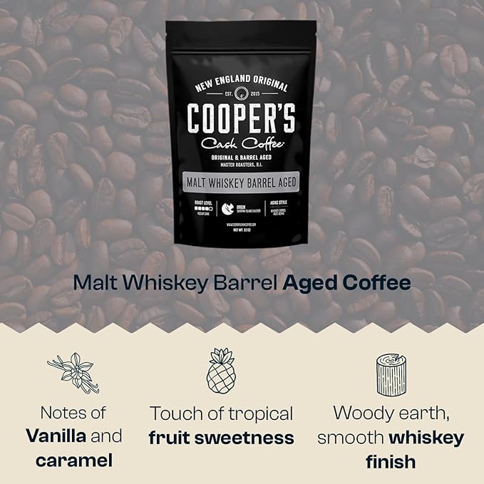 Malt Whiskey Barrel Aged Coffee, Single-Origin Sumatra Beans Aged in American Malt Whiskey Barrels, Medium Dark Roast Whole Bean, 2 lb