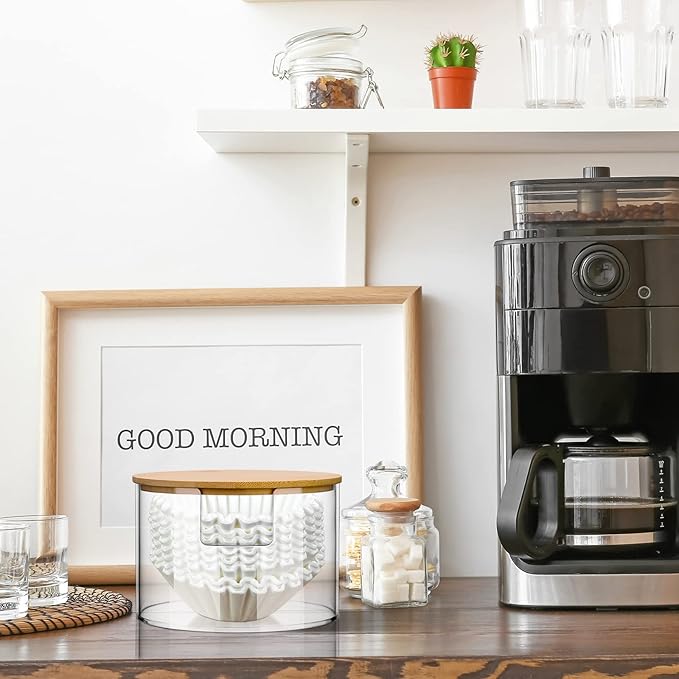 Qunclay Acrylic Coffee Filter Holder Reusable Clear Coffee Filter Storage Container Dispenser with Bamboo Lid for Counter Kitchen Accessories(Classic Style)