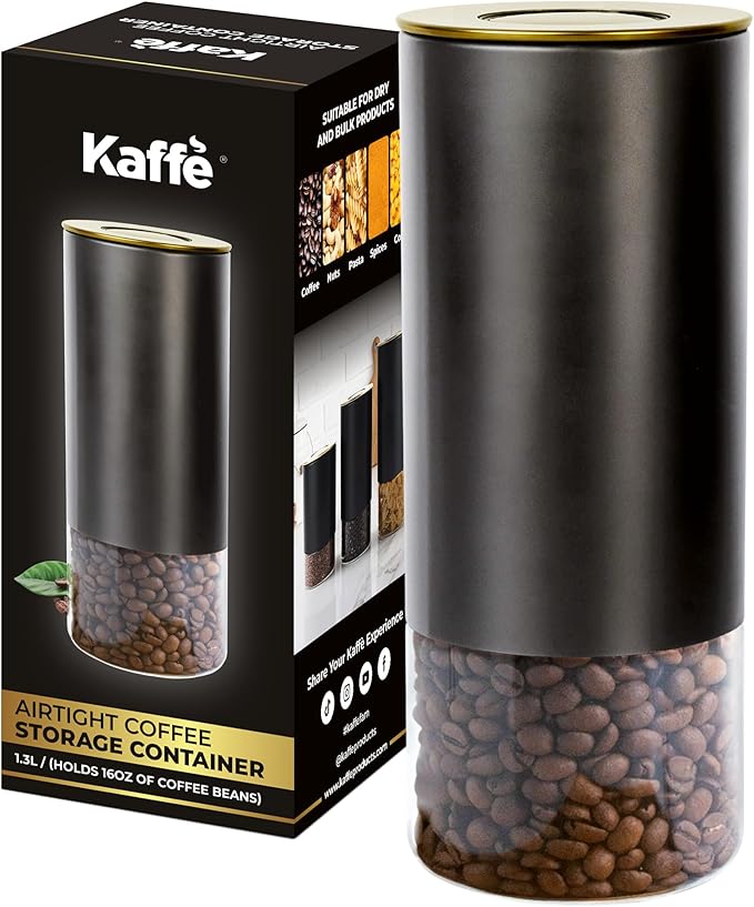 Kaffe Glass Coffee Canister (16oz) w/Airtight Lid - Click to Release Seal - BPA Free Glass & Stainless Steel - Elegant Kitchen Storage Container for Coffee, Nuts, Rice, Flour, Sugar, Tea, Cereal