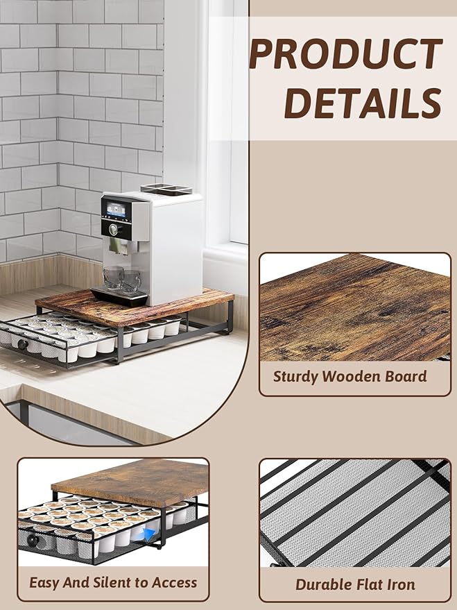 Coffee Pod Holder Counter Coffee Vertuo Capsules Storage Organizer with Sliding Drawer Compatible For 35 K-Cup Pods No Assembly Needed Rustic Brown