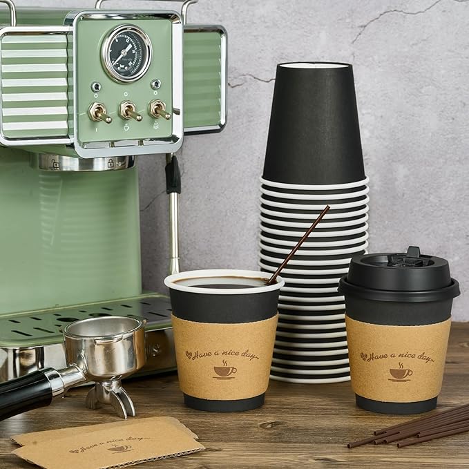 LITOPAK 100 Pack 10 oz Paper Coffee Cups for Hot Chocolate Drinks, Black Disposable Coffee Cups with Lids, Sleeves and Stirring Sticks for Parties, Picnic, Travel, and Events