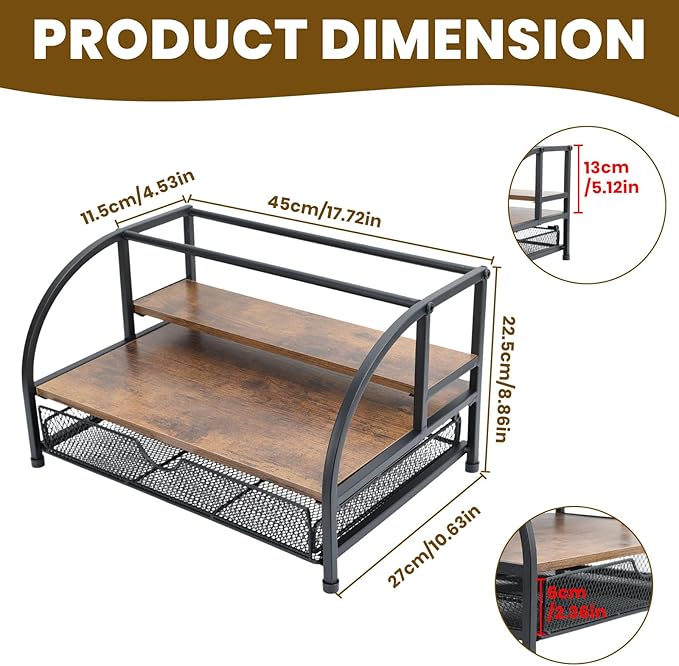 Coffee Syrup Rack Organizer, 3-Tier 8 Bottles Syrup Rack with 35 K Cup Storage Drawer, Wood Coffee Bar Organizer, Countertop Bottle Holder Stand, Liquor Bottle Display Shelf Wine Rack, Syrup Holder
