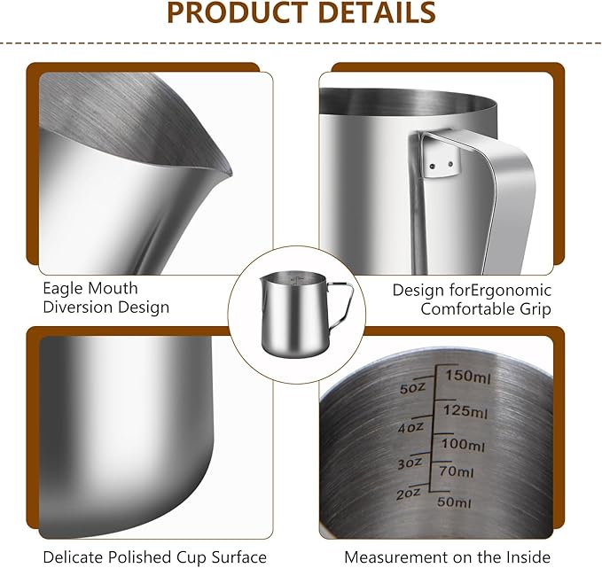 5oz Milk Frothing Pitcher-Stainless Steel Steaming Jug for Espresso, Cappuccino & Coffee-Heat-Resistant, Dripless Spout, Measurement Scale, Dishwasher Safe (150ml/5oz)