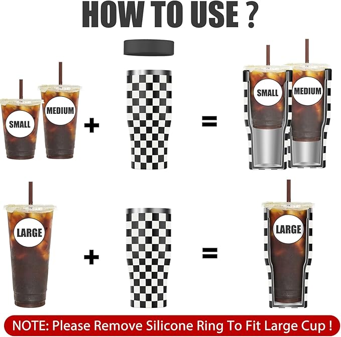 Universal Iced Coffee Sleeve - Insulated Double Wall Reusable Stainless Steel Holder Sleeves Insulator for Cold Drinks Fits Small Medium Large To Go Cups Gifts for Men Women Him Her (Black Checkered)