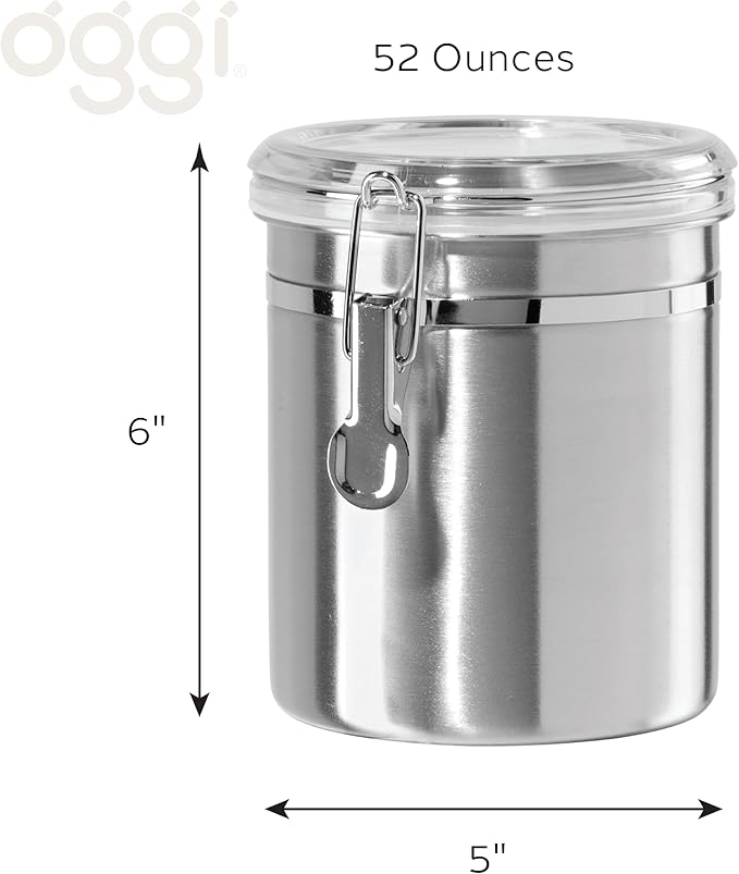OGGI Stainless Steel Kitchen Canister 52 fl oz - Airtight Clamp Lid, Clear See-Thru Top - Ideal for Kitchen Storage, Food Storage, Pantry Storage. Large Size 5" x 6".