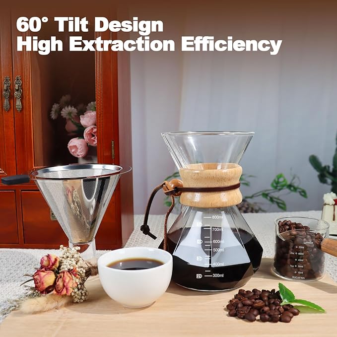 Pour Over Coffee Pot Set 800ml Features 304 Stainless Steel Filter Glass Coffee Pot with High Borosilicate Glass Duckbill Spout Design Solid Wood Handle Pour Over Coffee Drippers Daily Brewing