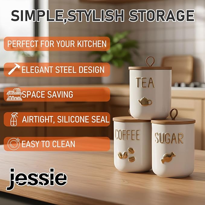 jessie 27oz Ceramics Coffee Canisters with Airtight Seal Bamboo Lid Silicone,Coffee Bean Storage for Kitchen Countertop,Food Storage Jars for Coffee Bean Ground Coffee Sugar and Tea(White)