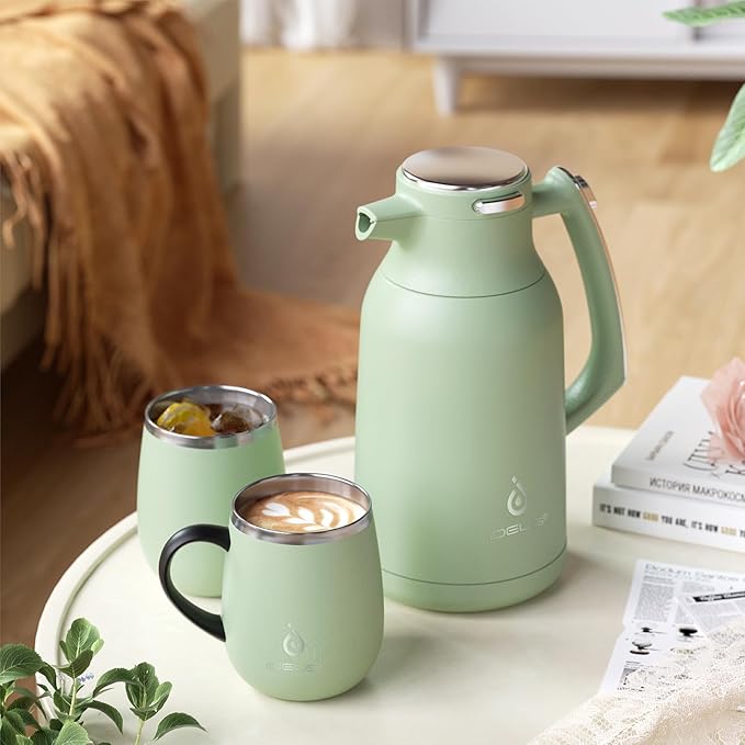 IDEUS Thermal Coffee Carafe 68oz (2,000ml), Stainless Steel Double Wall Insulated Vacuum Flask, Water Jug Coffee Server and Beverage Dispenser, Heat and Cold Retention (Avocado, 68oz (2,000ml))