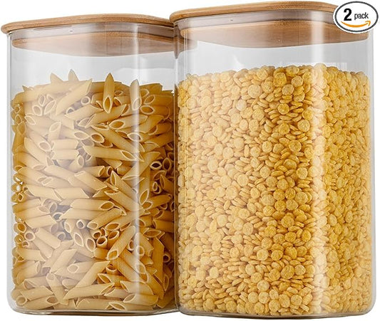 156oz Airtight Glass Square Storage Canister with Bamboo Lid Set of 2(4600ml*2) Large Gallon Glass Jars for Sugar, Flour, Cookies and Coffee beans (‎with Black Lable)