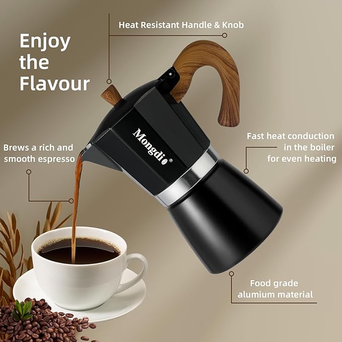 Mongdio Stovetop Espresso Maker Moka Pot, Cuban Coffee Maker Stove top coffee maker Moka Italian Espresso Greca Coffee Maker Brewer Percolator, 9 Espresso Cups, 15 oz - Black