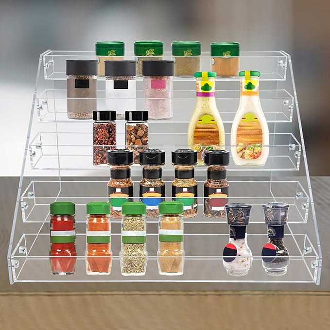 PMMASTO Tiered Spice Rack, Seasoning Organizer, Clear Acrylic Vertical Shelves Can Organizer for Countertop, Cabinet, Pantry, Kitchen Organization and Storage - 5 Tier