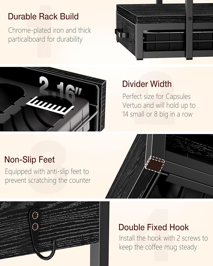 Evermagin Coffee Pod Holder Compatible with Nespresso, Vertuo Pod Holder for 56 Small or 28 Large, Nespresso Capsule Organizer Drawer Coffee Maker Station with Cup Rack, Black