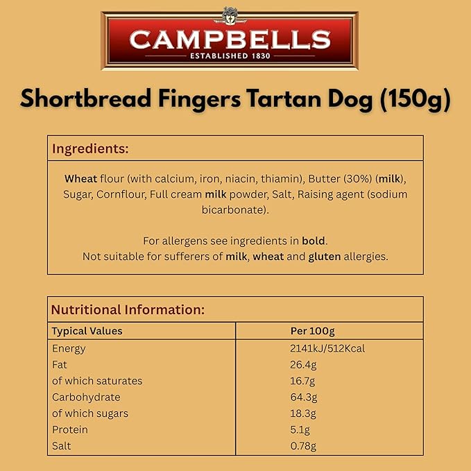 Campbells Shortbread Fingers Tartan Dog Carton 5.3 Oz (150g) - Pure Butter Scottish Shortbread Cookies from Scotland, British Tea Biscuits & Snacks, Crumbly All-Butter Fingers, Cookie Gift Box