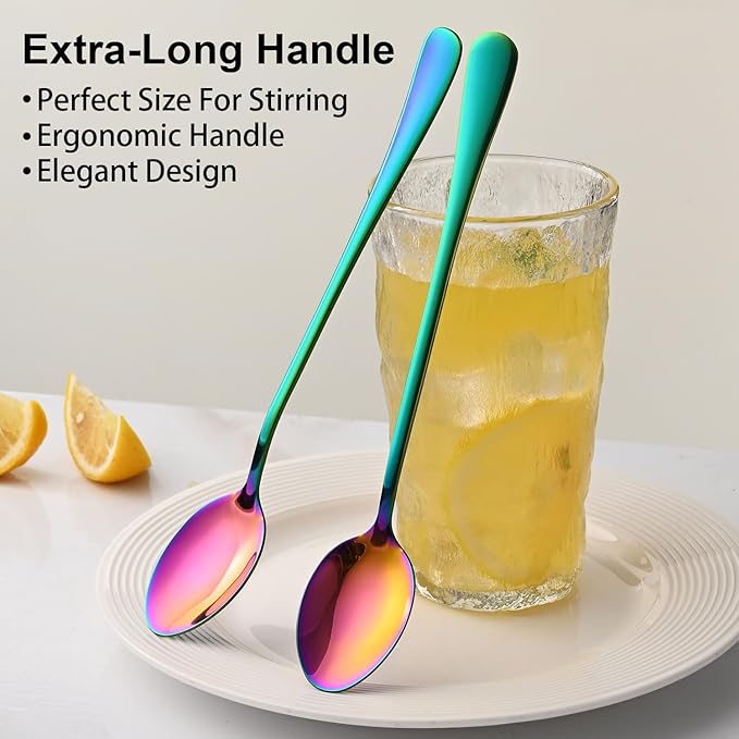 7.5 Inches Rainbow Stainless Steel Ice Tea Spoon,Set Of 8 Long Handle Coffee Stirring Spoons,Multicolored Sundae Spoons,Colorful Cocktail Mixing Spoon