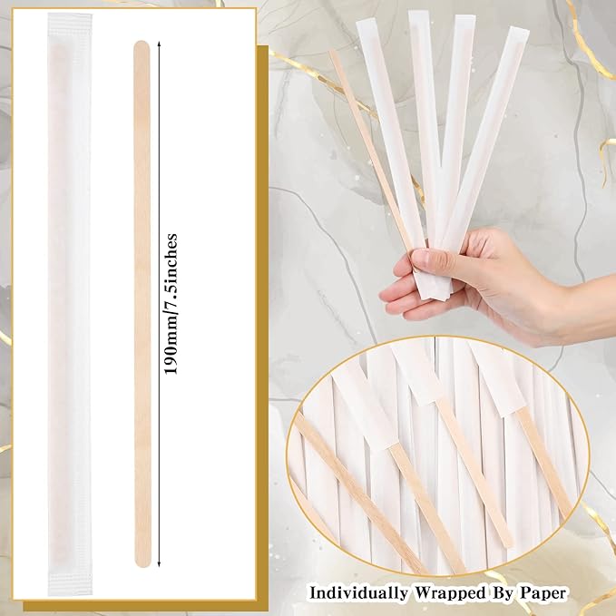 2000 Pcs Individually Wrapped Wooden Coffee Stirrers, Disposable Coffee Stir Sticks Round End Sticks Bulk Wood Stirrers for Cocktail Hot Drinks Restaurant Bar Home Office (7.5 Inch)