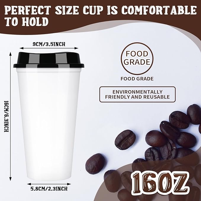 Domensi 30 Pack Reusable Coffee Cups with Lids 16 oz Disposable Travel Cups Bulk Plastic to Go Coffee Tumblers for DIY Hot Cold Drink Party Favors Coworker, Microwaveable (White with Black Lid)