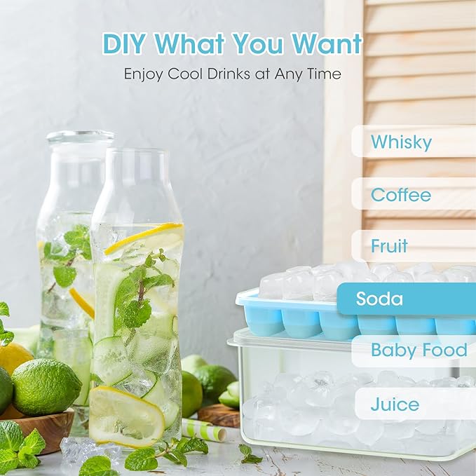 DOQAUS Ice Cube Tray with Lid and Bin - 4 Pack Silicone Ice Cube Trays for Freezer, Stackable Ice Bucket Kits with Storage Container & Scoop for Kitchen, RV, Cocktail, Coffee