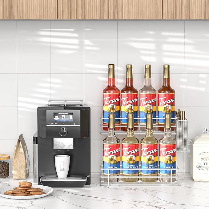 OVICAR Coffee Syrup Organizer Rack - 8 Bottle Holder Stand for Coffee Bar & Station Accessories, 2 Tiers Countertop Storage for Syrup & Wine Dressing, White