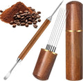 Espresso Coffee Stirrer 6 Needles, Espresso Distribution Tool with Natural Wood Handle and Base, Stainless Steel Latte Art Pen Barista Tools Espresso Accessories Kit for Home Cafe
