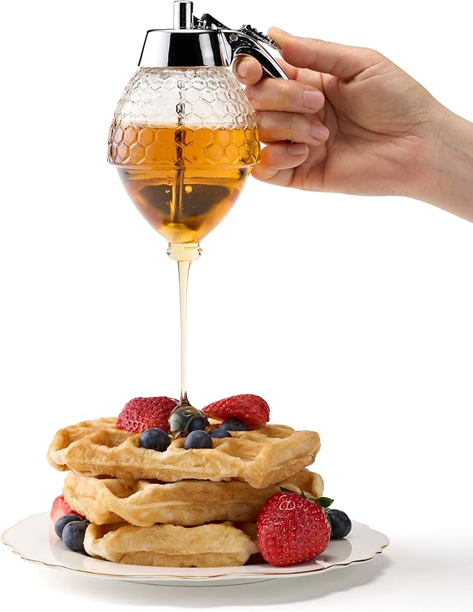 Stainless Steel Shaft, Glass Honey Dispenser, Chrome-Plated ABS Lid – No Drip Glass with Stand – 8 oz Honey Jar – Honeycomb Design Container – Honey Pot for Honey, Maple Syrup