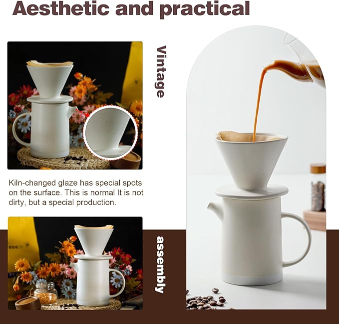 Pour Over Coffee Maker Set Vintage Ceramic Pour Over V60 Coffee Dripper Set with 20 Count Paper Coffee Filters,for Home Café Restaurant Camping,15.8 Ounces(White)