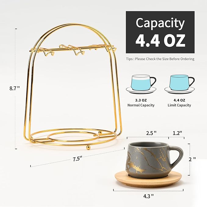 LUKA Ceramic Espresso Cups with Saucers and Metal Stand, Small 4 oz Porcelain Demitasse Cups Set of 6, Cute Cappuccino Coffee Cups for Double Espresso, Tea, Marbling Gray