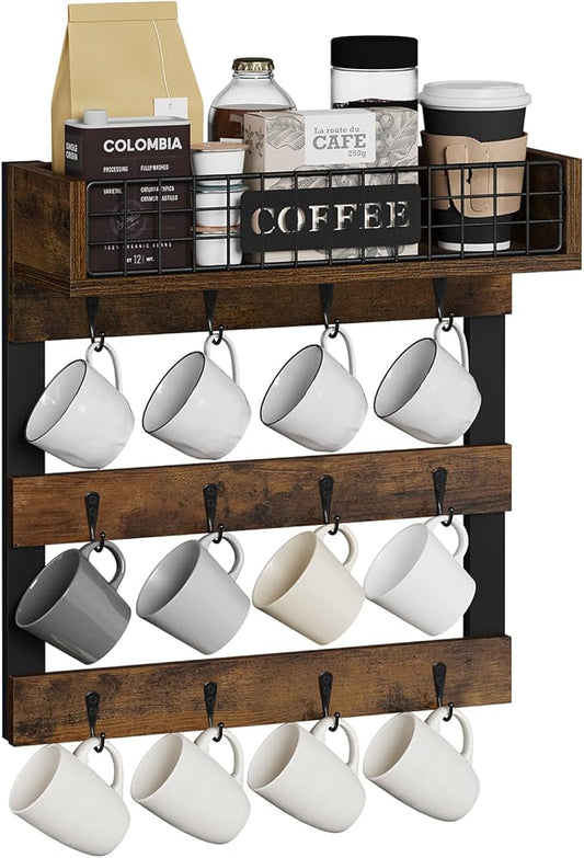 YINMIT Coffee Mug Holder Wall Mounted, Wood Mug Racks with 12 Hooks, Coffee Cup Holder for Wall with Storage Shelf, Cups Rack for Home, Kitchen