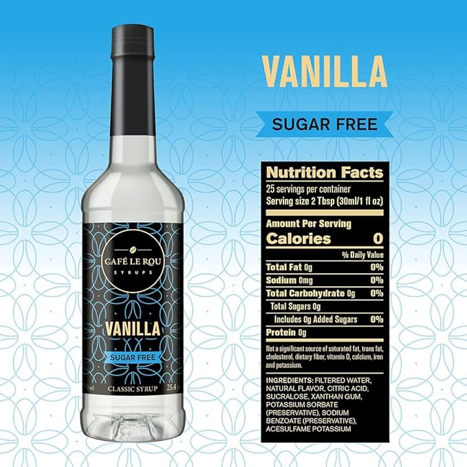 Cafe Le Rou Vanilla Sugar Free Classic Syrup bottle with nutrition facts and ingredients on blue background