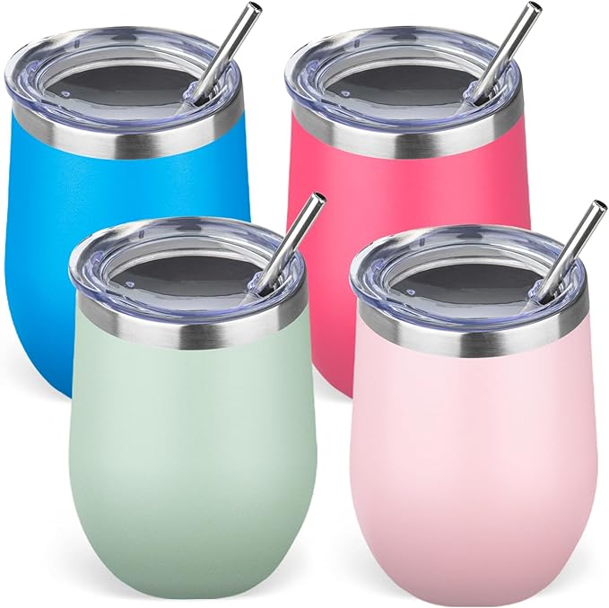 12oz/4 Pack Stainless Steel Wine Tumbler with Lid and Straw, Double Wall Vacuum Insulated Wine Tumbler Glasses, Stemless Travel Mugs for Hot and Cold Drinks, Coffee, Wine, Cocktails