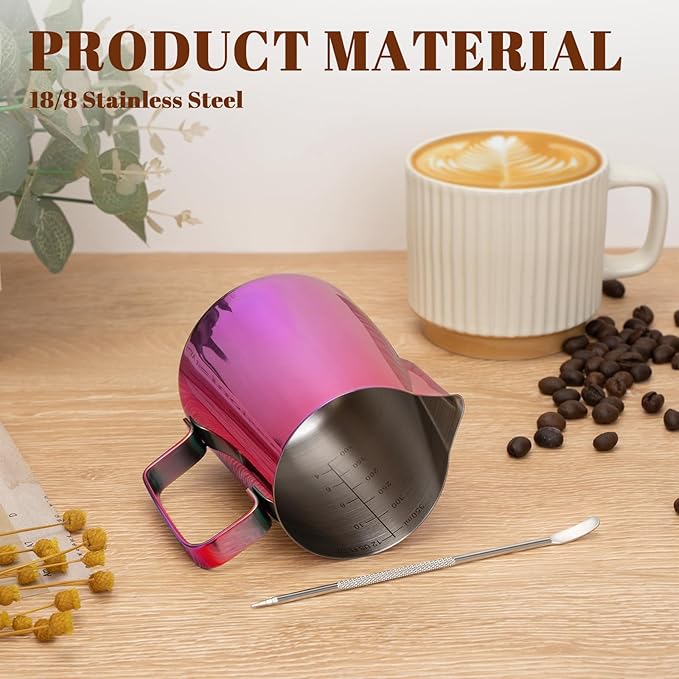 Milk Frothing Pitcher, 12 oz Milk Frother Cup with Clear Scale, 304 Stainless Steel Cappuccino Espresso Machine Accessories for Barista Coffee Bar with Latte Art Pen, Multipurple