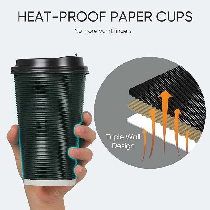 100 Pack 16 oz Disposable Coffee Cups with Lids and Straws, Insulated Ripple Wall To Go Paper Corrugated Cups, Bulk for Hot/Cold Drinks, Cafe Bar, Office, Chocolate, Cocoa (Black)