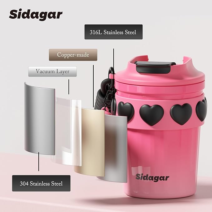 12 OZ Coffee Travel Mug Spill Proof Leak Proof, Stainless Steel Thermal Coffee Cup with Lid, Resuable Ceramic Lined Travel Water Cup for Hot and Cold, Portable Coffee Tumbler for Women, Pink