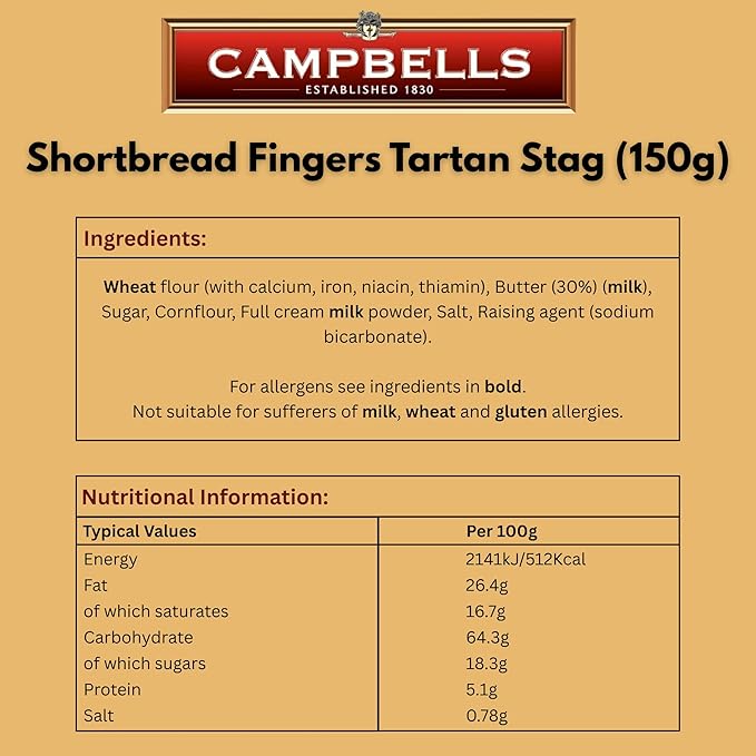 Campbells Shortbread Fingers Tartan Stag Carton 5.3 Oz (150g) - Pure Butter Scottish Shortbread Cookies from Scotland, British Tea Biscuits & Snacks, All-Butter Fingers, Cookie Gift Box