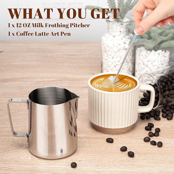 Milk Frothing Pitcher, 12oz Milk Frother Cup with Clear Scale, 304 Stainless Steel Cappuccino Espresso Machine Accessories for Barista Coffee Bar with Latte Art Pen, Silver