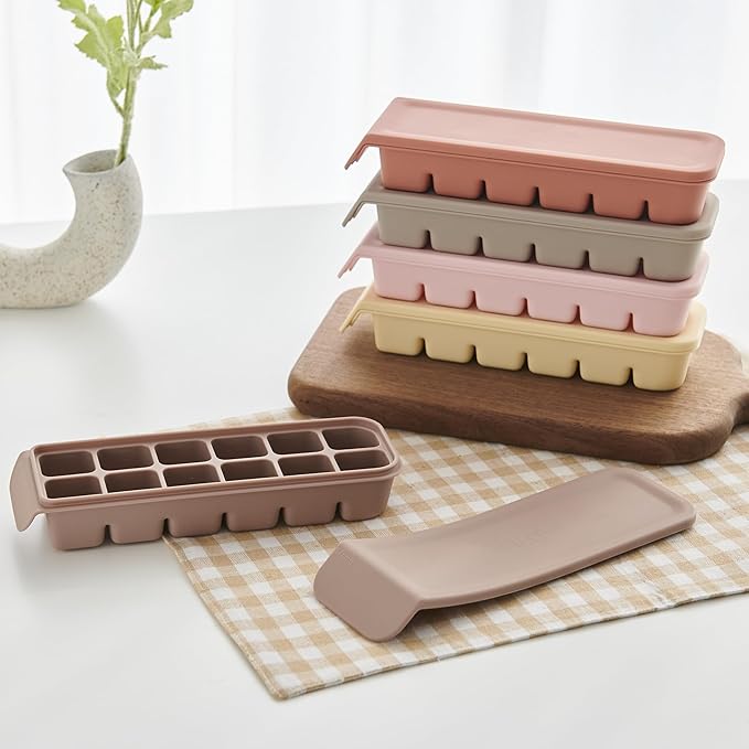 Silicone Ice Cube Freezer Tray with Lid, 100% Food-Grade Platinum Silicone,Leak Resistance & Dishwasher Safe for Baby Food Prep,Breast Milk,Purees - Korean Made (Brown 2-Pack 0.7 oz/12 Sections)