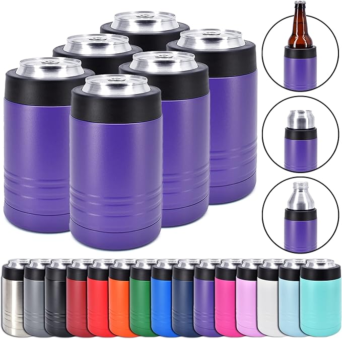 Clear Water Home Goods - 12 oz Stainless Steel Double Wall Vacuum Insulated Can or Bottle Beverage Cooler - Powder Coated Purple - 6 Pack