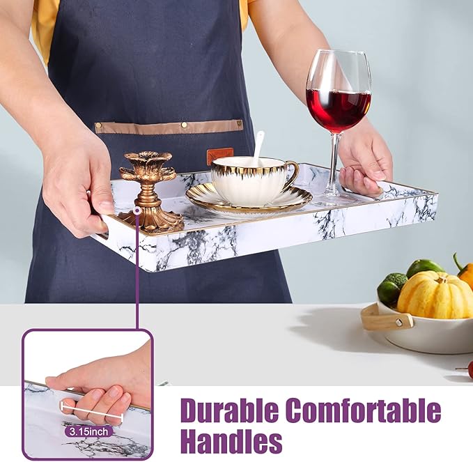 Gifturbo White Serving Tray, Marble Serving Trays with Handles,Rectangular Coffee Table Ottoman Tray Decorative Plastic Tray with Gold Rim for Living Room, Bathroom,Decor,15.7 x 10.2 x1.37 inches