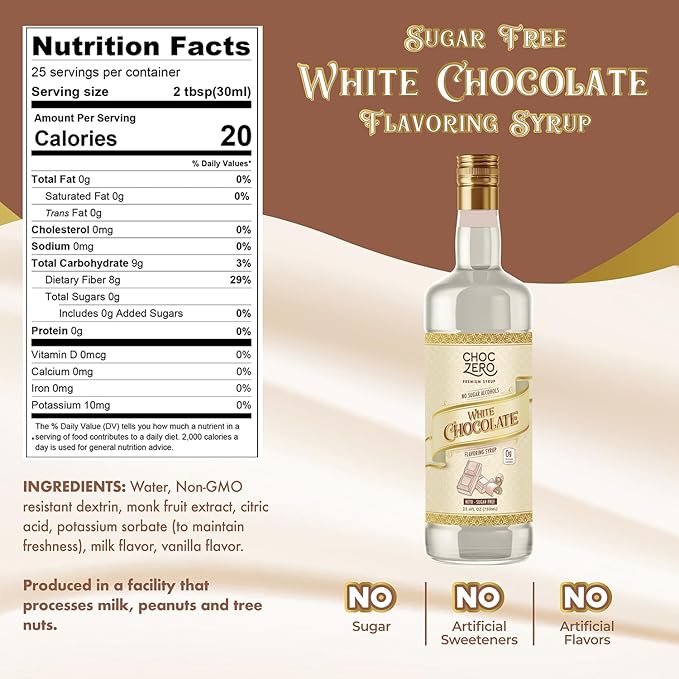 ChocZero Sugar Free White Chocolate Syrup for Coffee - Latte Flavoring Syrups - Keto Friendly, Zero Sugar, 25.4 Ounces (Pack of 1)