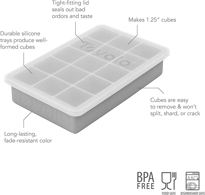 Tovolo Silicone Ice Cube Tray with Lid for Freezer Oyster Gray, Dishwasher Safe BPA Free Silicone Ice Cube Mold Tray with Cover, Easy Release 1 Inch Ice Cube for Coffee Cocktails Bourbon Whiskey