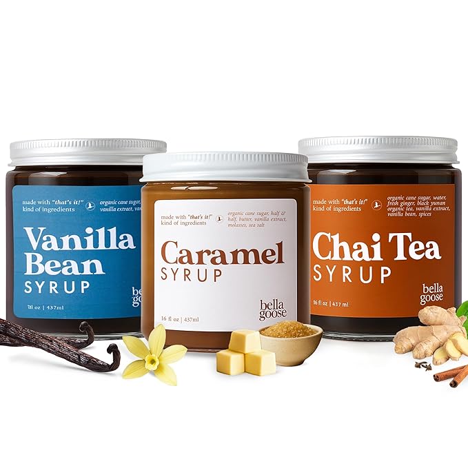 Bella Goose Coffee Syrup Trio – Vanilla Bean, Salted Caramel & Chai Tea (3 x 16oz) | Pure Cane Sugar Syrups for Lattes, Mochas & Desserts – Clean Ingredients, No Artificial Additives