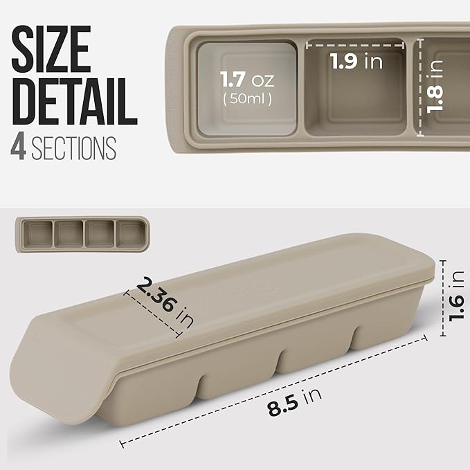 Silicone Ice Cube Freezer Tray with Lid, 100% Food-Grade Platinum Silicone,Leak Resistance & Dishwasher Safe for Baby Food Prep,Breast Milk,Purees - Korean Made (Beige 1.7 oz/4 Sections)