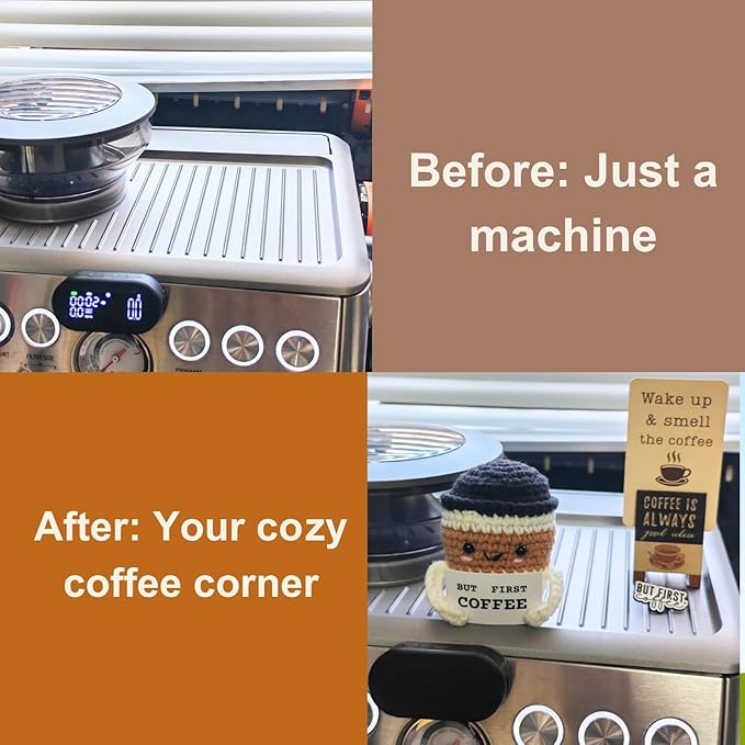 Coffee Bar Accessories Gift Set – Cute Crochet Plush, Cocoa Soap, Barista Must-Have Pin, Coffee Bar Décor Sign – Funny Kitchen Decoration for Drink Lovers & Station Display