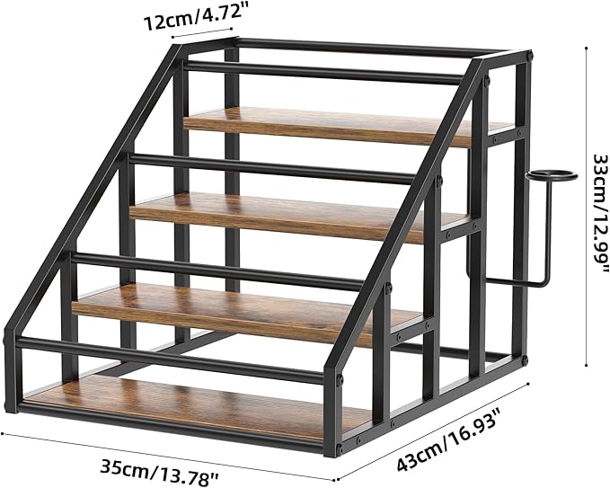 Coffee Syrup Rack Organizer, 4 Tier Countertop Storage Shelves, Kitchen Storage, 16 Syrup Bottle Stand Holder for Wine, Liquor, Kitchen Coffee Station Organizer Rack, 13.8"x16.9"x13.0", Rustic Brown